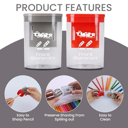 Manual Pencil Sharpener - 2 Pcs Dual Hole Premium Quality Pencil Sharpeners for Standard & Large Sized Pencils - Handheld Pencil Sharpener for Kids, Adults, Artists, (Red & Gray)