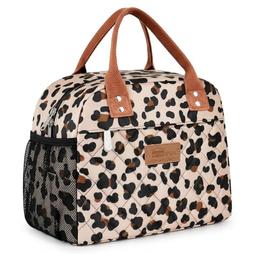 HOMESPON Insulated Lunch Bag for Women Men, Cooler Tote Box, Beige Leopard | Front Pocket, Side Mesh Pockets, Reusable, for Work, Picnic, Food Container - color: Leopard Print