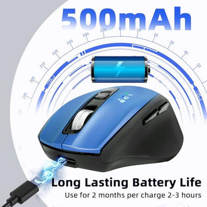 Wireless Bluetooth Mouse with USB-A, USB-C Receiver, Rechargeable, 3-Device, Full-Size, Silent Click, Ergonomic Mice for MacBook/Laptop/Computer/Tablet/PC/iPad-Blue - color: Blue
