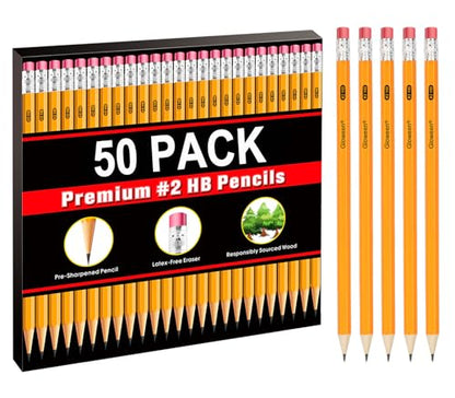 Wood-Cased #2 HB Pencils, 50 Pack Pre-sharpened Pencils for Writing/Drawing/Sketching, Bulk Pack for Office School Classroom Supplies
