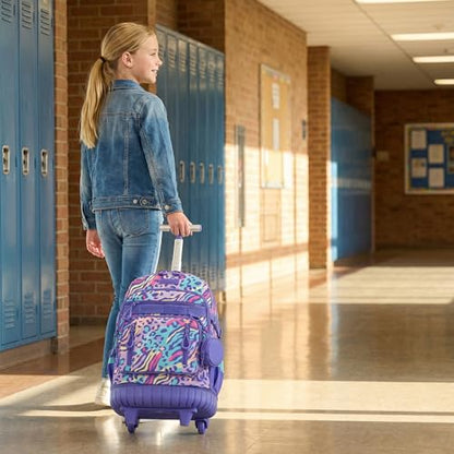 Kids Rolling Backpack Set with Lunch Bag,School Backpack for Girls with Wheels,Leopard Pattern Travel Backpacks for Kids Christmas Birthday Gift for Girls Ages 6-12 - color: Blue Purple Leopard