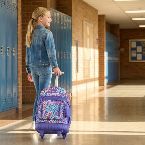 Kids Rolling Backpack Set with Lunch Bag,School Backpack for Girls with Wheels,Leopard Pattern Travel Backpacks for Kids Christmas Birthday Gift for Girls Ages 6-12 - color: Blue Purple Leopard