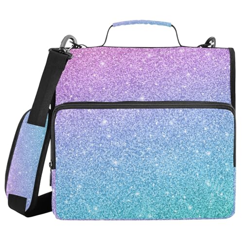 Gredecor 3 Ring Zipper Binder with Shoulder Strap, Glitter Blue Pink Multi-Pockets Organizer Binder Bag Holds 500 Sheets for School and Office - color: Glitter Blue Pink