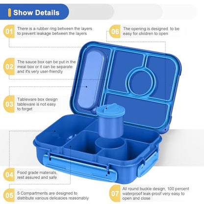 Amathley Bento Box Adult Lunch Box Kids,Lunch Containers for Adults/Kids/Toddler,5 Compartments Bento Lunch Box with Sauce Vontainers,Microwave & Dishwasher & Freezer Safe,BPA-Free (Navy) - color: Navy