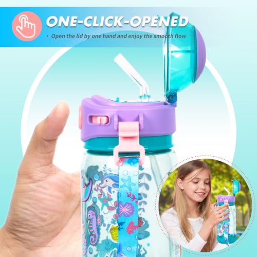 Kids Water Bottle with Straw/Lanyard for School Kids Girls Boys, 22oz BPA Free Child Drinking Water Bottle One-Click-Open Leak-Proof Locking Flip Lid for School Sport Travel - color: H03. Mermaid