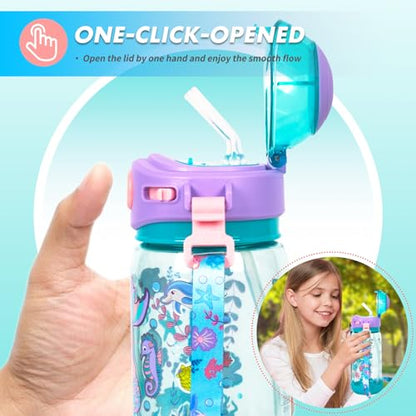 Kids Water Bottle with Straw/Lanyard for School Kids Girls Boys, 22oz BPA Free Child Drinking Water Bottle One-Click-Open Leak-Proof Locking Flip Lid for School Sport Travel - color: H03. Mermaid