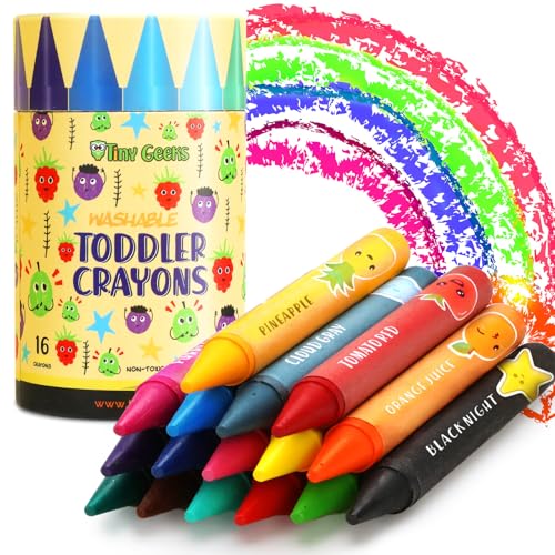 TinyGeeks Jumbo Crayons (16 Colors) – Non-Toxic, Washable, Easy-to-Hold Art Supplies for Toddlers and Kids – Perfect for Travel, Learning, and Creative Play