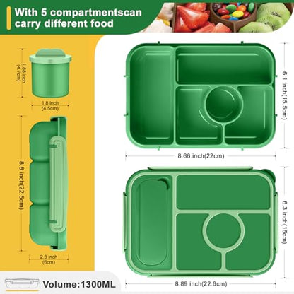 Amathley Bento Box Adult Lunch Box Kids,Lunch Containers for Adults/Kids/Toddler,5 Compartments Bento Lunch Box with Sauce Vontainers,Microwave & Dishwasher & Freezer Safe,BPA-Free (Emerald green) - color: Emerald Green