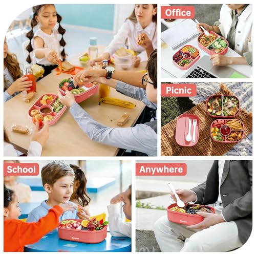 2 Layers Bento Box, All-in-One Stackable Lunch Container with Compartments, 64oz Leakproof Microwave Safe Dishwasher Safe Bento Box with Lunch Bag and Utensil Set for Kids and Adults - color: Pink