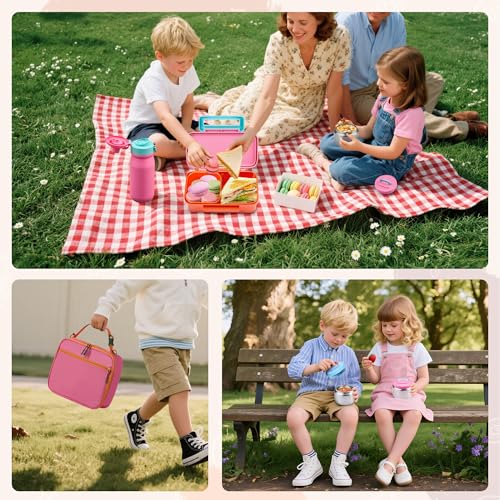 MAISON HUIS Bento Box for Kids with 8oz Soup Thermo, Insulated Lunch Bag & 17oz Water Bottle, 2-Compartment Bento Box with Built-In Ice Pack, Leak-Proof & BPA-Free (Pink) - color: Pink