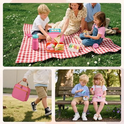 MAISON HUIS Bento Box for Kids with 8oz Soup Thermo, Insulated Lunch Bag & 17oz Water Bottle, 2-Compartment Bento Box with Built-In Ice Pack, Leak-Proof & BPA-Free (Pink) - color: Pink