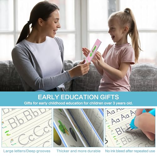 WANFRES Magic grooved Writing Practice Books Great for Beginners, 5 Books, 2 pens, 2 Pencil Grips, 20 Refills. grooved Handwriting Practice for Kids 3-10, Reusable grooved Handwriting workbooks. - color: 5 books with pen