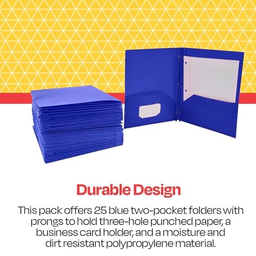 School Smart 2-Pocket Poly Folders with Fasteners, Blue, Pack of 25 - color: Blue, style: Fasteners