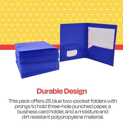 School Smart 2-Pocket Poly Folders with Fasteners, Blue, Pack of 25 - color: Blue, style: Fasteners