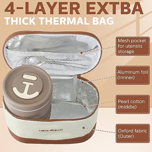 Dandat 4 Pcs Insulated Lunch Container, Portable Bento Box, Stainless Steel Lunch Box, Round Stackable Leakproof Thermal Food Container for Adult Men Women with Insulated Bag, 74 oz(Khaki) - color: Khaki