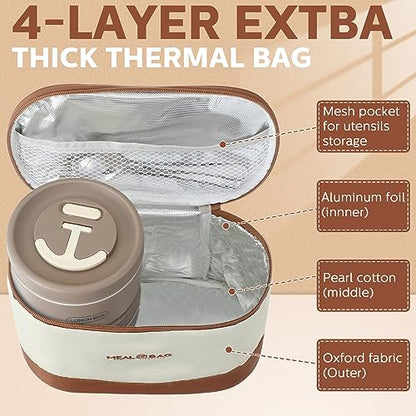 Dandat 4 Pcs Insulated Lunch Container, Portable Bento Box, Stainless Steel Lunch Box, Round Stackable Leakproof Thermal Food Container for Adult Men Women with Insulated Bag, 74 oz(Khaki) - color: Khaki