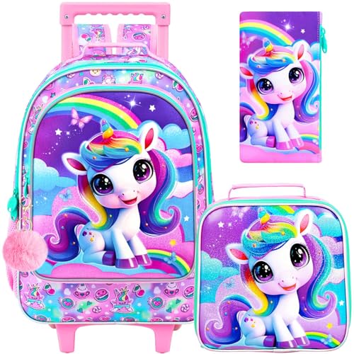HPJGD 3PCS Unicorn Rolling Backpack for Girls, Kids School Backpacks with Wheels, Water Resistant UV Printed Roller Wheeled Bookbag Set - color: Glittering UV Priting Unicorn Rolling Backpack