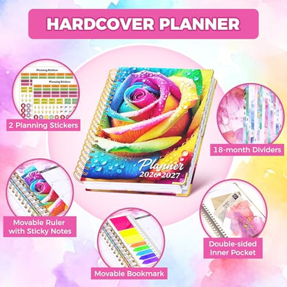 Academic Planner 2026-2027, 18 Months Weekly & Monthly Calendar Planner | July 2026 - Dec 2027, 9" x 11.6" A4 Size, Hardcover Daily Agenda with Tabs, Inner Pocket, Bookmark, Stickers, Sticky Note Set - color: Rainbow Rose, size: A4