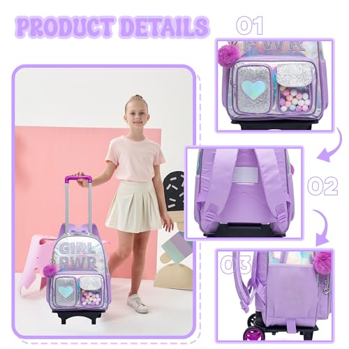 Meetbelify Rolling Backpack for Girls Backpack with Wheels for Elementary Student Kids School Bag with Lunch Box Pencil Case for Girls Ages 6-8 Years Old - color: Prw Purple