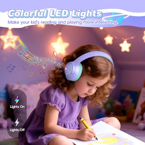 Kids Bluetooth Headphones, 85H Playtime Wireless Headphones for Kids, Colorful LED Lights, 85/94dB Safe Volume Limit, Bluetooth 5.4 Built-in Mic Toddler Headset for Tablet/Airplane (Purple) - color: Purple