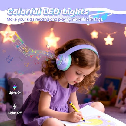 Kids Bluetooth Headphones, 85H Playtime Wireless Headphones for Kids, Colorful LED Lights, 85/94dB Safe Volume Limit, Bluetooth 5.4 Built-in Mic Toddler Headset for Tablet/Airplane (Purple) - color: Purple