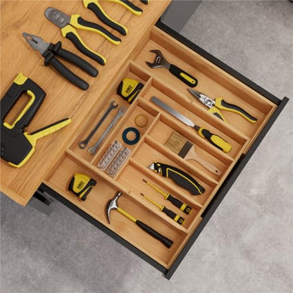 BAMEOS 3.9inch Tall Bamboo Drawer Organizer, Expandable Utensil Holder with 8 Compartments, Adjustable Kitchen Drawer Divider for Flatware, Silverware and Gadgets, Deep Storage for Home and Office - size: 3.9''H 22X16