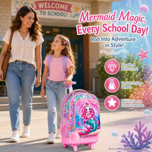 3PCS Kids Rolling Backpack, Boys Girls Roller Wheels Bookbag, Wheeled School Bag with Lunch Bag