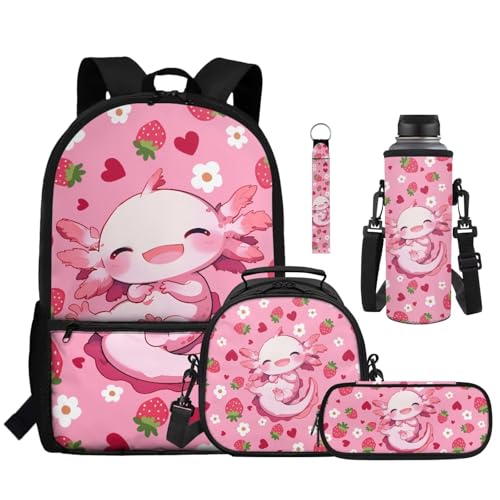 Kawaii Axolotl Large Capacity Kids School Backpack Set 5 Pieces with Lunch Bag Pencil Case and Water Bottle Holder for Girls and Boys - color: Kawaii Axolotl-a