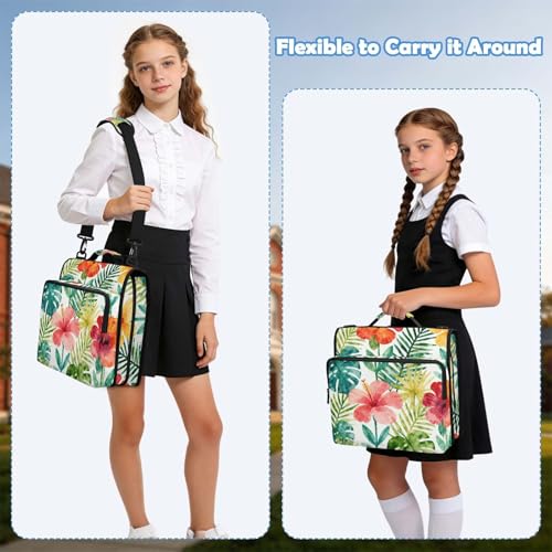 Tropical Flowers Leaves Zipper Binder with 2 Inch D-Rings Expandable File Portfolio with Shoulder Strap, Waterproof Nylon Organizer for 14" Laptop for Work College Travel