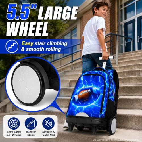 KLFVB Big Quiet-Glide Wheels Rolling School Backpack, 3-in-1 Roller Bag Set with Lunch Bag | Water-Resistant Wheeled Bookbag for Boys, Travel, Play - Lightning Rugby - color: Rolling Backpack With Big Wheels - Lightning Rugby
