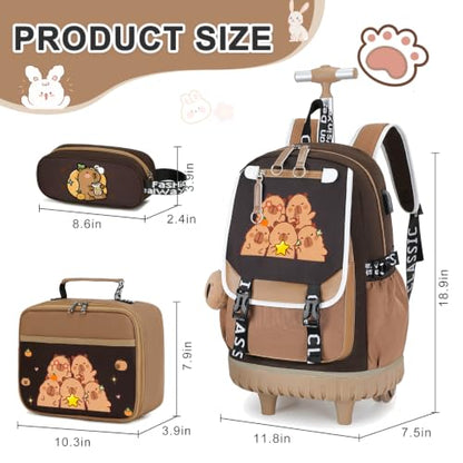 Bevalsa Capybara Theme Rolling Backpack for Girls, 3PCS Roller School Backpacks with Lunch Box & Pen Case, Kids Bookbag Schoolbag with Wheels for Teen Girl Kindergarten Elementary Middle School - color: Brown Cartoon