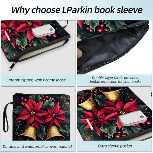 Padded Book Sleeve with Zipper & Front Pocket, Fabric Book Cover | Christmas Gold Bells Holly11.4"x8.7" Washable Canvas Pouch for Hardcovers, Tablets & Reading Accessories - color: Christmas Gold Bells Holly