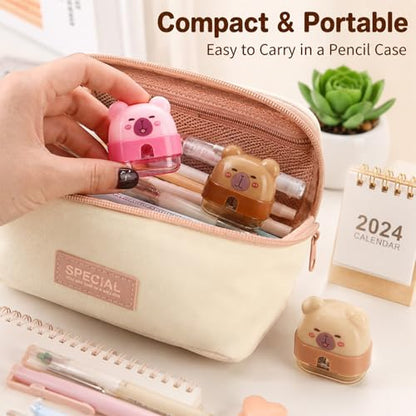 3 PCS Cute Pencil Sharpeners, Kids Pencil Sharpener Handheld, Fun Pencil Sharpener, Funny Manual Sharpeners Cartoon with Lid, Kawaii Capybara Stationary Gifts Mini School Office Supplies