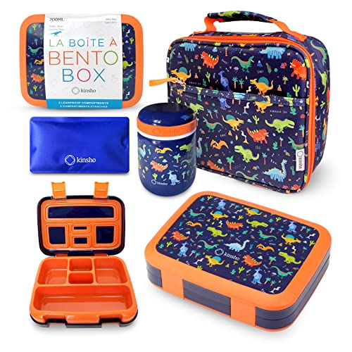 Bento Box with Thermal, Stainless Steel Food Jar for Hot-Cold Food or Soup, Insulated Lunch Bag and Ice Pack Set for Kids or Toddlers. Ages 3 to 7, Blue Dinosaur - color: Blue Orange Dinosaur