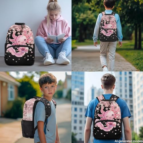 Kids Cute Axolotl 4 in 1 Backpack Set, Cherry Blossom Print Elementary School Bookbag with Lunch Box Pencil Case Water Bottle Holder for Girls - color: Cute Axolotl