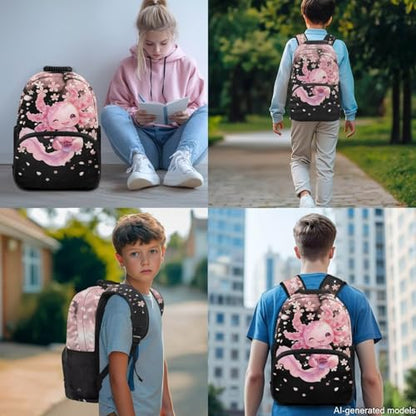 Kids Cute Axolotl 4 in 1 Backpack Set, Cherry Blossom Print Elementary School Bookbag with Lunch Box Pencil Case Water Bottle Holder for Girls - color: Cute Axolotl