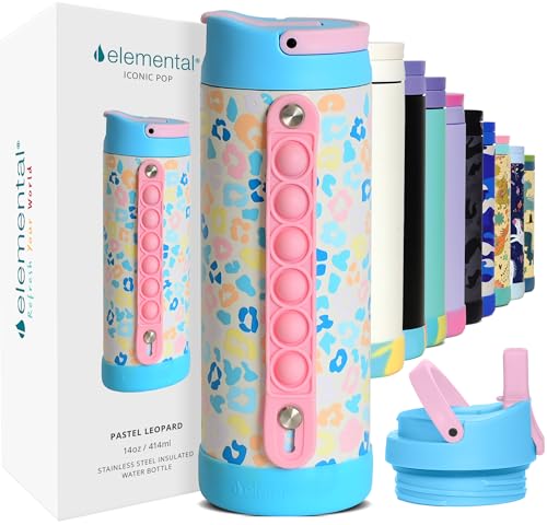 Elemental Iconic Kids Water Bottle for School - 100% Leak-Proof Insulated Water Bottles with Straw Lid & Pop-It Handle for Boys & Girls - Triple-Wall Insulated & BPA-Free, 14oz – Pastel Leopard - color: Pastel Leopard, size: 14 Ounces