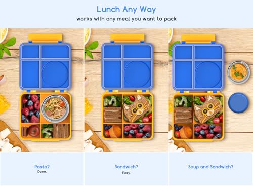 Bento Box for Kids - Leak-Proof Bento Lunch Box with Insulated Thermo Food Jar - 4 Compartments, 1 Removable Divider, 1 Spoon, 1 Fork - Dishwasher Safe, BPA-Free (Blue) - color: Blue