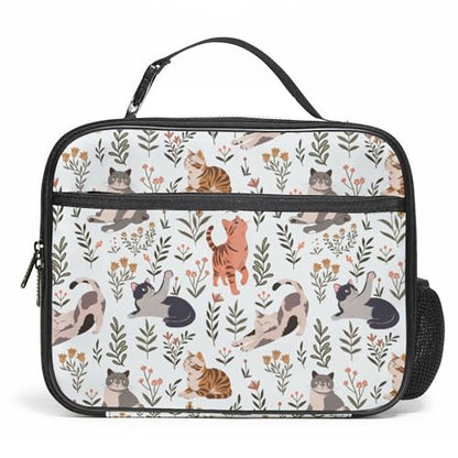 WOBAGMEN Large Lunch Box, Insulated Reusable Lunch Bag with Water Bottle Holder Portable Waterproof Leakproof Lunch Tote Bag Cute Lunch Box(Cream Cat Floral) - color: Cream Cat Floral
