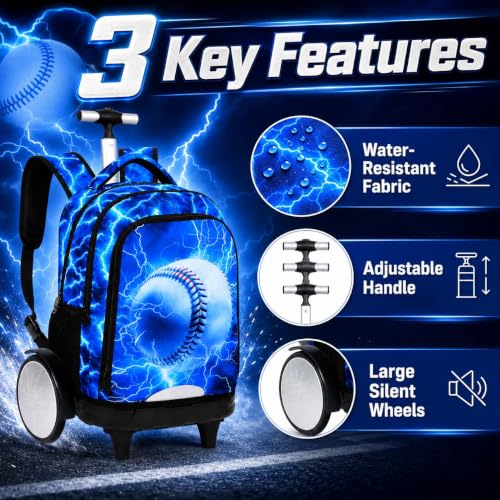 UFNDC Big Wheel Boys Rolling Backpack, Water-Resistant Wheeled School Bag with Lunch Box & Pencil Case, 3-Pack Kids Roller Bookbag Travel Set - Lightning Baseball - color: Rolling Backpack Lightning Baseball Blue
