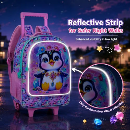 3Pcs Rolling Backpack for Girls, Kids Roller School Backpack with Wheels, Penguin Wheeled Bookbag for Elementary Preschool Kindergarten(Pink) - color: Penguin Pink