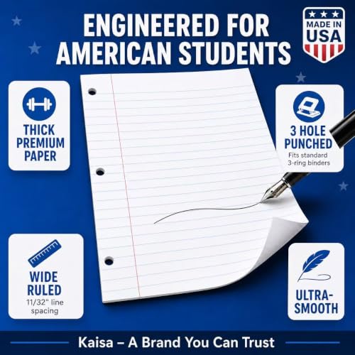 Kaisa loose Leaf Paper Filler Paper 1800 Sheets 8"x10.5",Wide Ruled, 3-Hole Punched for 3-Ring Binders, Carton of 12pack - color: Wide, size: 12pack