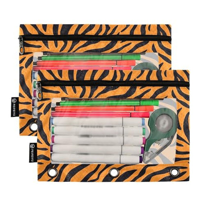 2 Pack 3 Ring Binder Pencil Pouch Tiger Print Pencil Case Pencil Bags with Zipper, Clear PVC Binder Pockets for Office Daily Supplies - color: Color 5