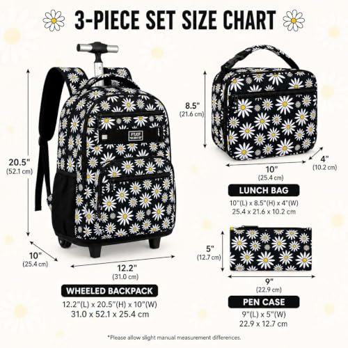 AGSDON Rolling Backpack for Girls, Women Roller Wheels Bookbag, Laptop Daisy Wheeled School Bag with Wheels for Teens - color: Daisy Black