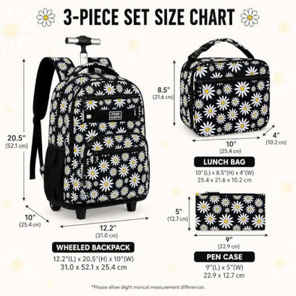 AGSDON Rolling Backpack for Girls, Women Roller Wheels Bookbag, Laptop Daisy Wheeled School Bag with Wheels for Teens - color: Daisy Black