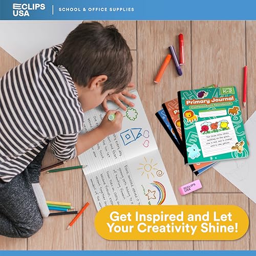 E-CLIPS USA Primary Composition Notebook K-2 Primary Ruled Composition Book Primary Writing Journal Bulk Grades K-2 Story Composition Notebooks For Kids 100 Sheets 200 Pages 7.5" x 9.75" (4 Pack) - size: 4 Pack