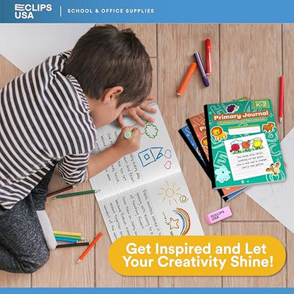 E-CLIPS USA Primary Composition Notebook K-2 Primary Ruled Composition Book Primary Writing Journal Bulk Grades K-2 Story Composition Notebooks For Kids 100 Sheets 200 Pages 7.5" x 9.75" (4 Pack) - size: 4 Pack