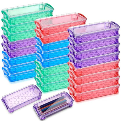 Gueevin 24 Pcs Large Capacity Plastic Pencil Box Clear Plastic Pencil Case Crayon Box with Snap Tight Lid Watercolor Pen Storage Brush Organizer Drawing Tools Container (Dark) - color: Dark