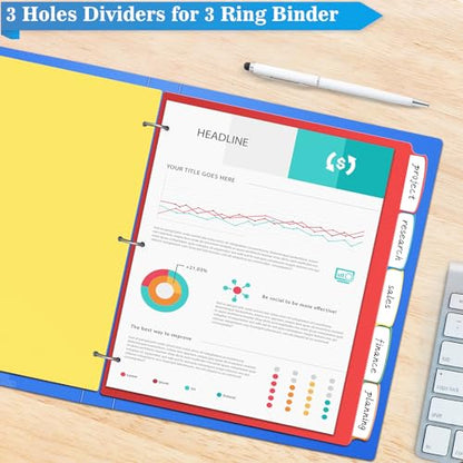 V-Opitos 12 Set 5-tab Index Dividers for 3 Ring Binders, Bulk Plastic Multicolor Dividers with 3 Holes Punched, Ideal School & Office Supplies