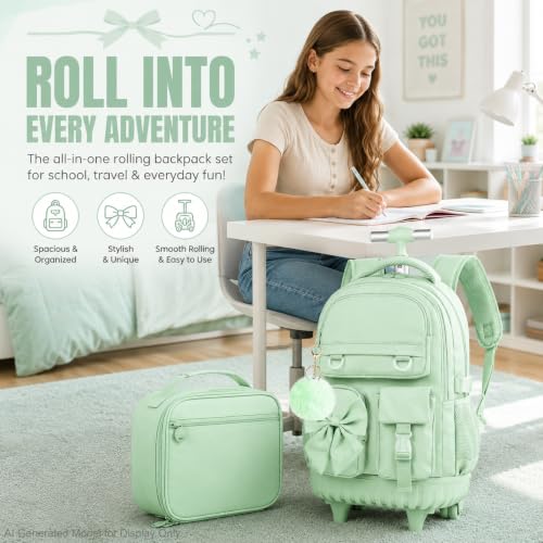 HPJGD 3PCS Girls Rolling School Backpack, Green Bow Tie Wheeled Backpacks, Water-Resistant Roller Bookbag Set - color: Green Bowknot Rolling Backpack Set